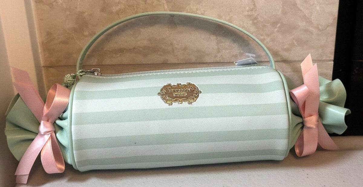 Bath & Body Works Candy Striped Cosmetic Bag with Green and Pink Bows - Sweetest Song Collection