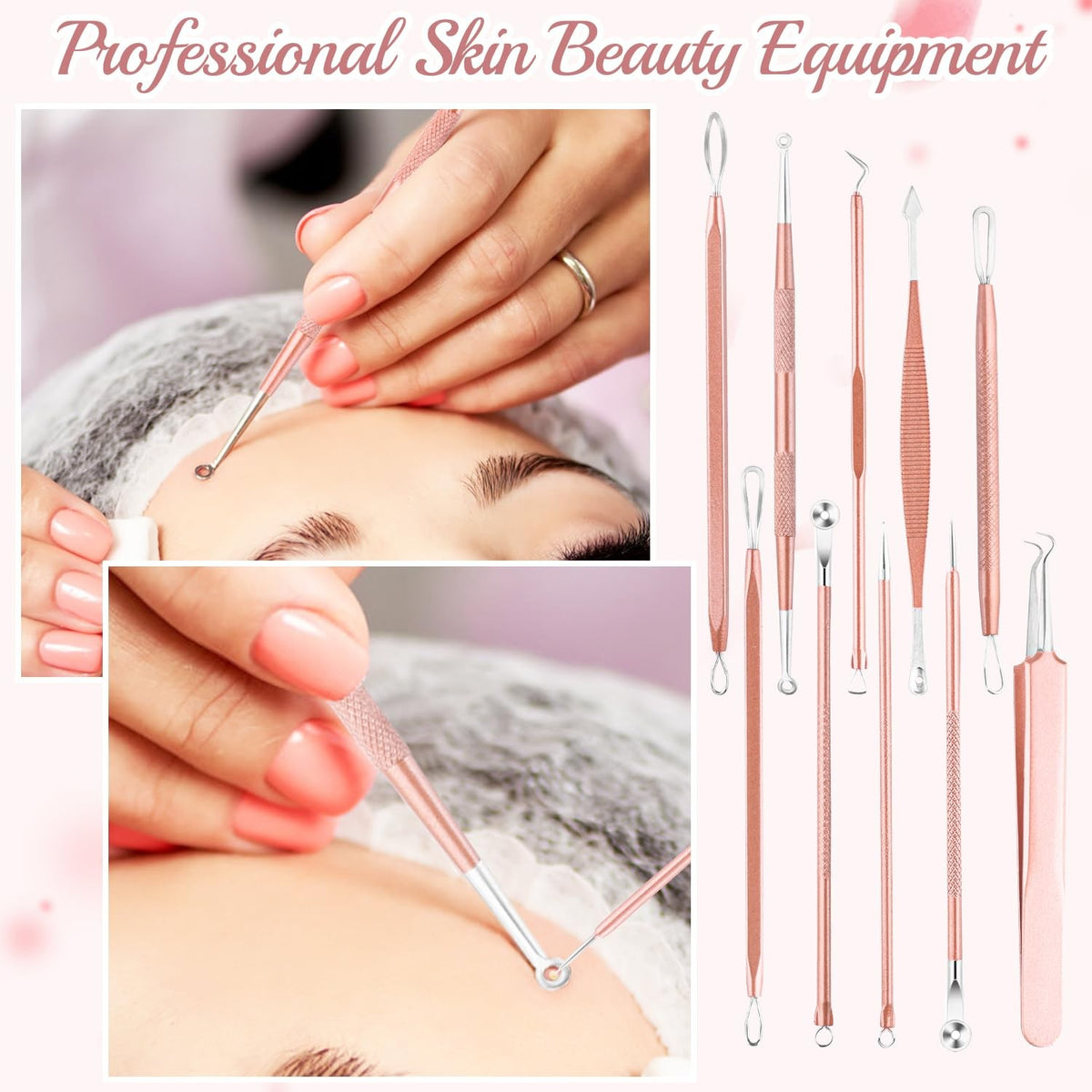 10 pcs Stainless Steel Blackhead Remover Set with Anti-slip Handles and Storage Bag