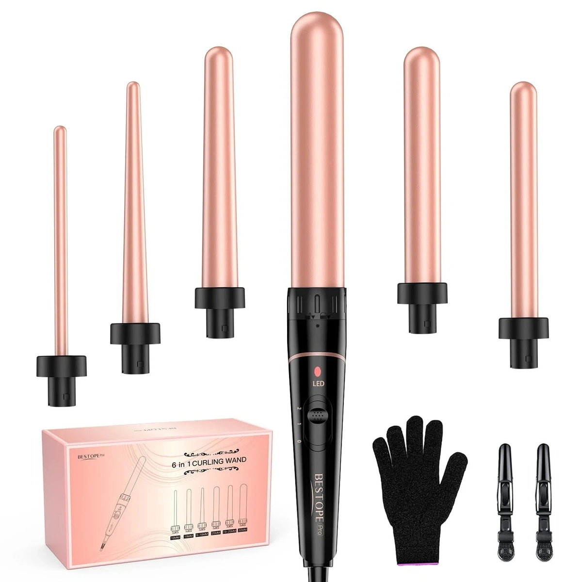Bestope Pro 6-in-1 Curling Wand Set, 410°F High-Heat Ceramic Curling Iron, 8ft Swivel Cord