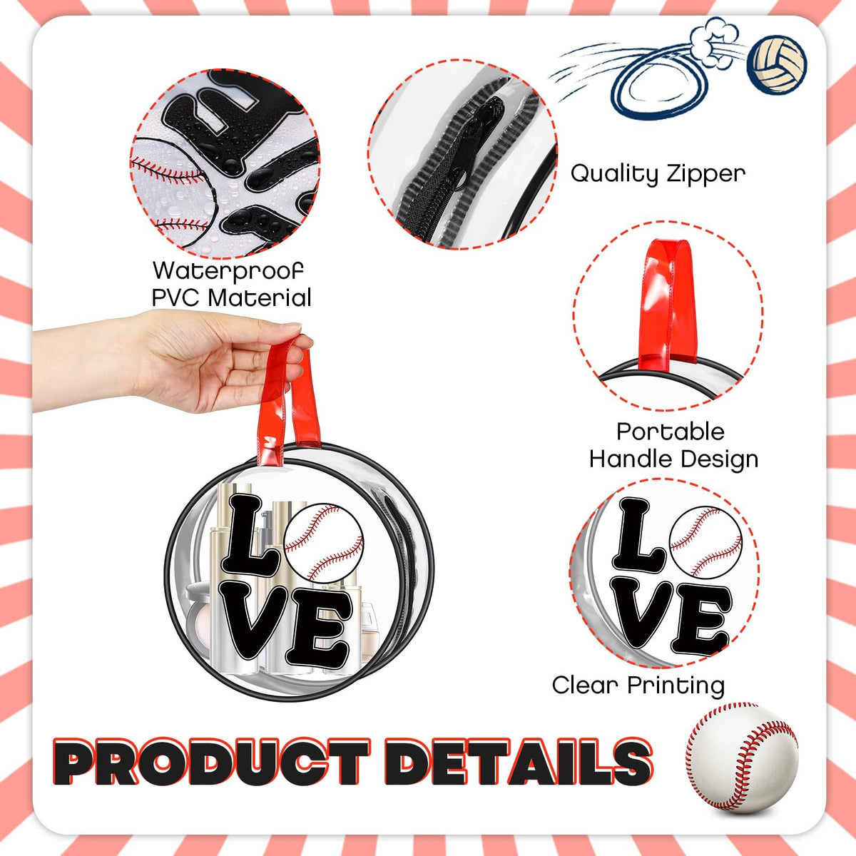 20 Pcs Baseball Cosmetic Bags Waterproof Clear Travel Makeup Organizer