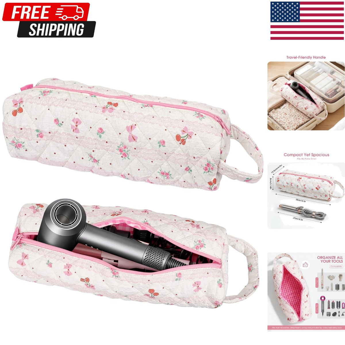 Travel Hair Tool Organizer Bag Pink Portable Dryer & Curling Iron Case