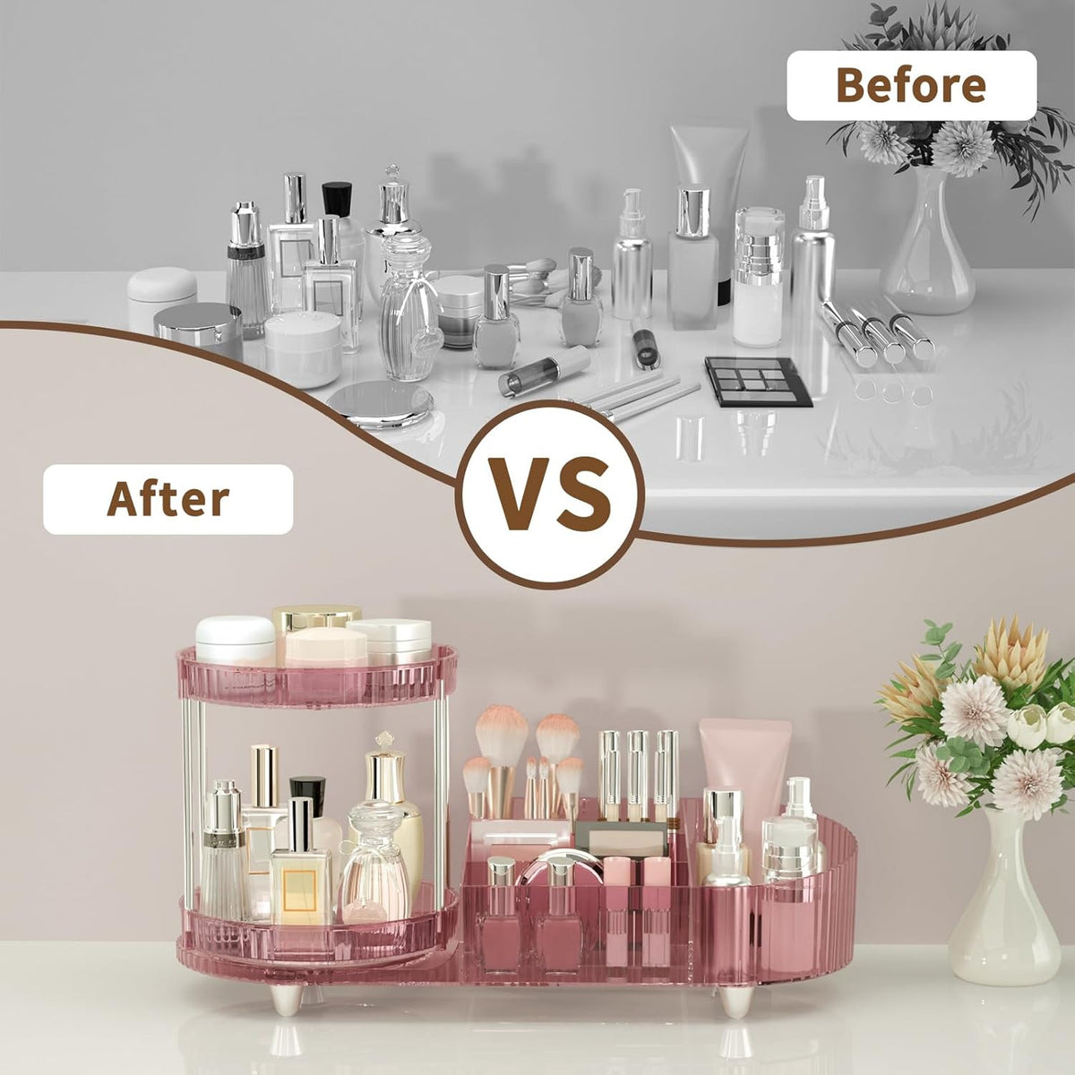 360 Rotating Makeup Organizer with Perfume Trays & Compartments, Acrylic Vanity Storage
