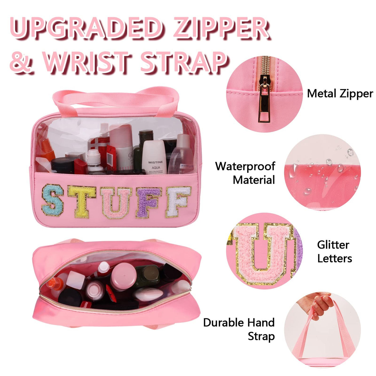 Large Clear Makeup Cosmetic Bag with Waterproof Nylon Handle Pink