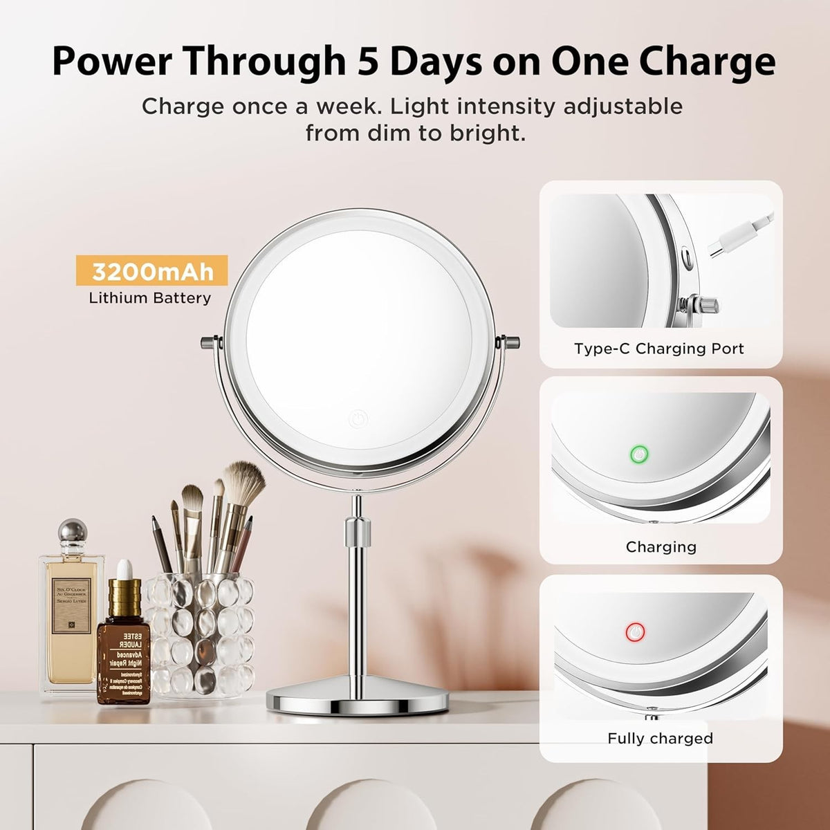 Double Sided Makeup Mirror with 3 Color LED Lights and 3200mAh Rechargeable Battery