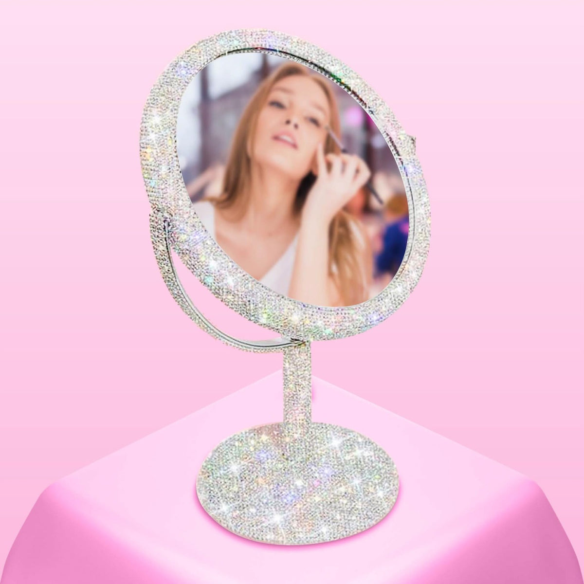 Double Sided Crystal Rhinestone Makeup Mirror with 2X Magnification