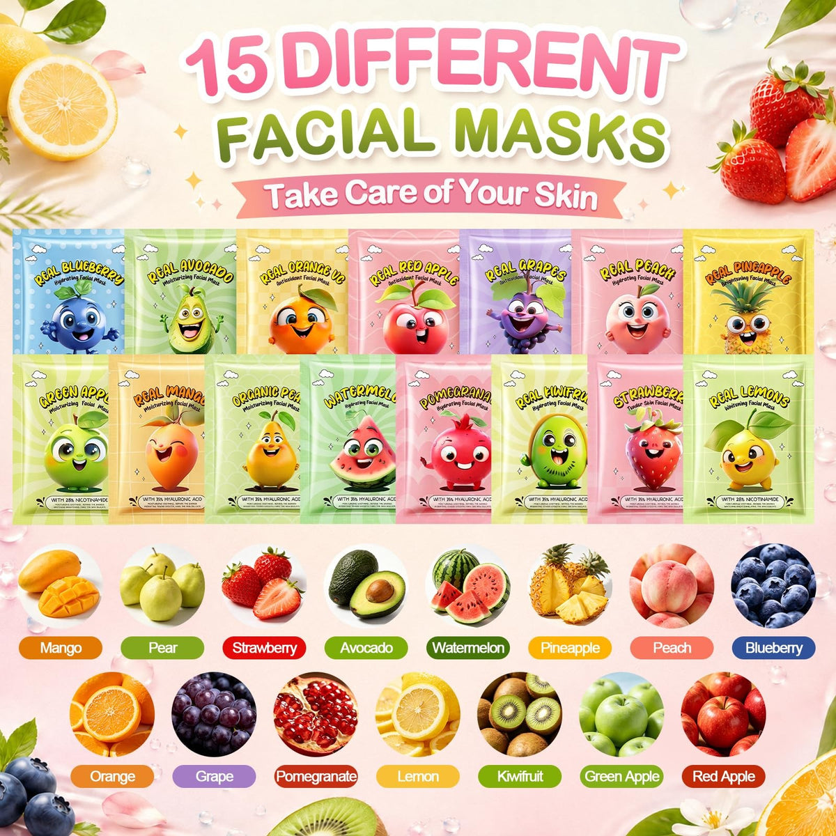 75-Pack Collagen Face Masks - 15 Fruit Flavors