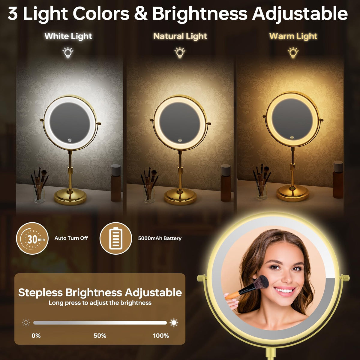 Lighted Makeup Mirror with 1X/10X Magnification, Dimmable & Cordless, 9 Inch Diameter, Rechargeable, Gold