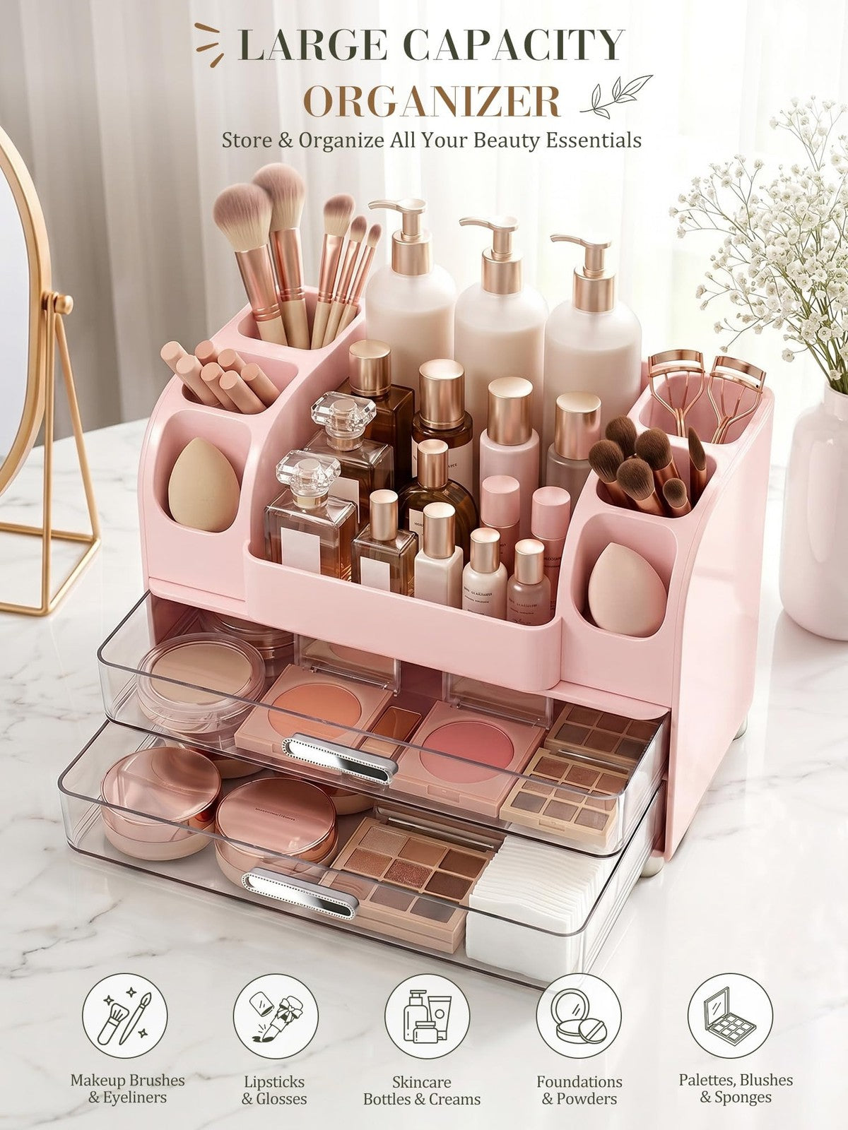 Large Makeup Organizer for Vanity Countertop with Drawers and Side Slots