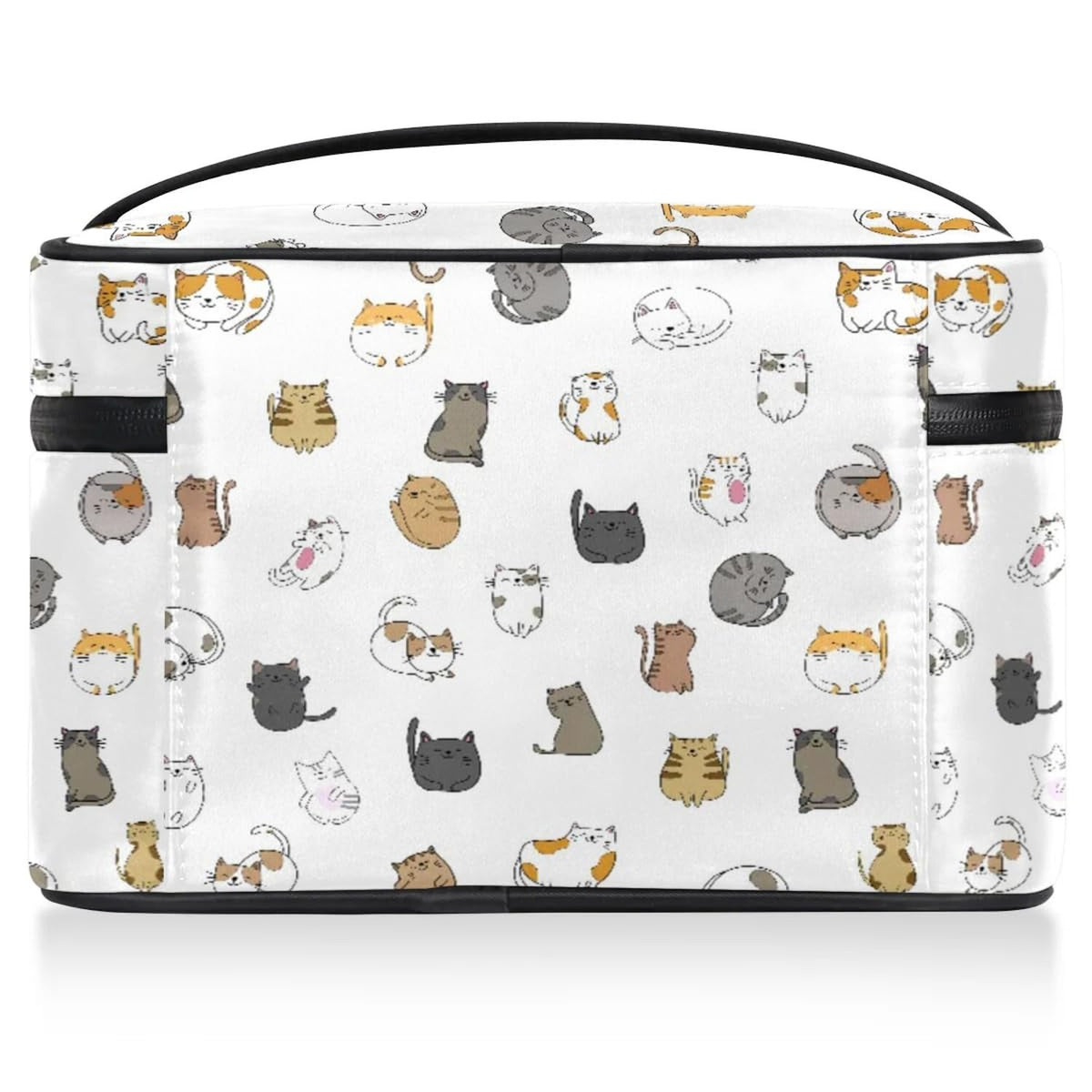 Large Travel Makeup Bag for Women, Waterproof Organizer with Multiple Compartments, White Cute Cat Design