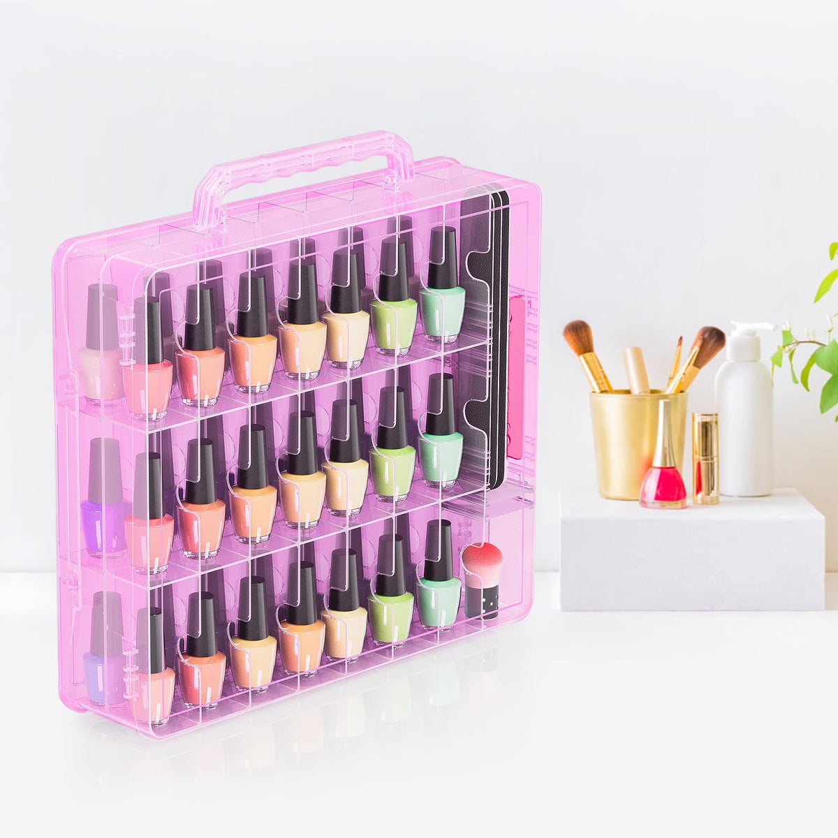 Pink Double-Side Nail Polish Organizer Case with Adjustable Dividers, Holds 48 Bottles