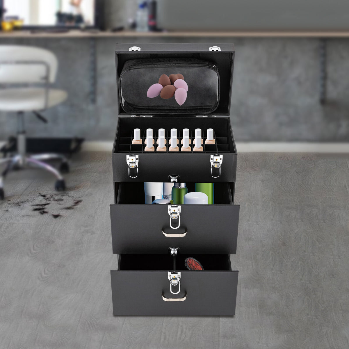 Rolling Makeup Organizer Case with Locking Compartments & Large Capacity