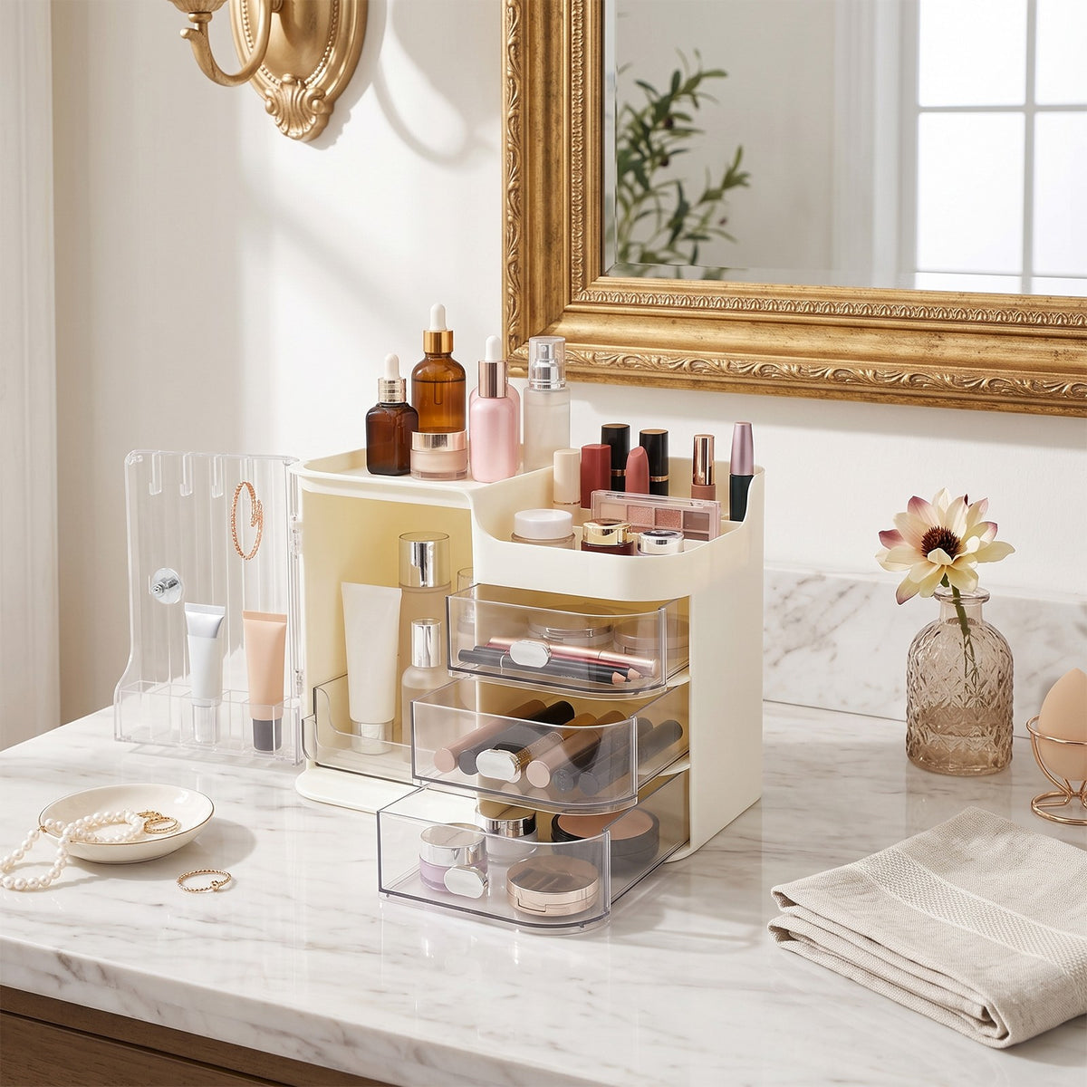 Large Capacity Makeup Organizer with Mirror - White Storage Case for Cosmetics
