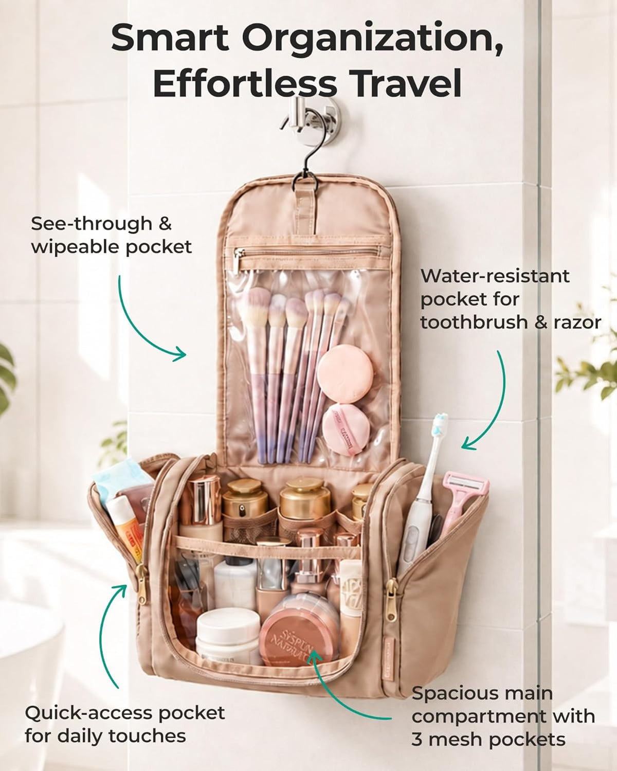 Water-Resistant Travel Toiletry Bag for Women with Hanging Hook – Puffy Organizer