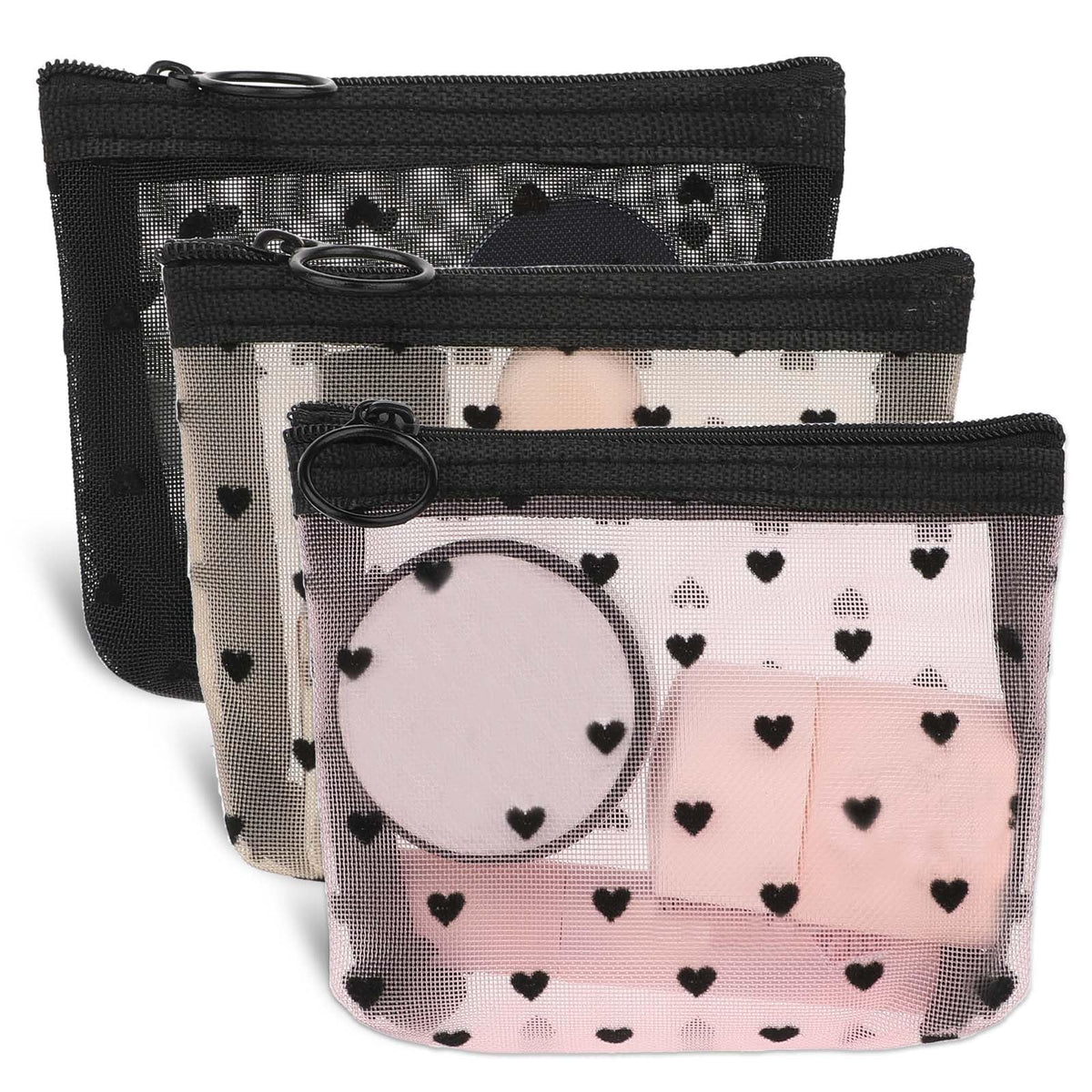 Mini Mesh Cosmetic Bags Set of 3 - Heart Print Travel Makeup Organizer