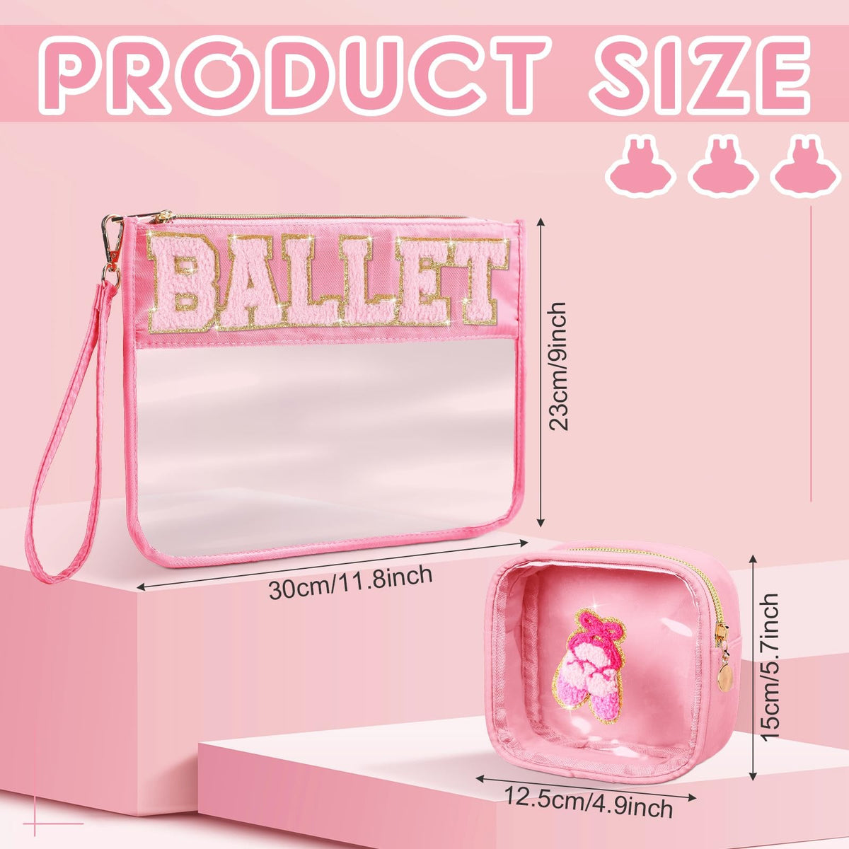 Ballet Themed Chenille Letter Bags – 2 Pcs Makeup & Toiletry Pouches, PVC Waterproof