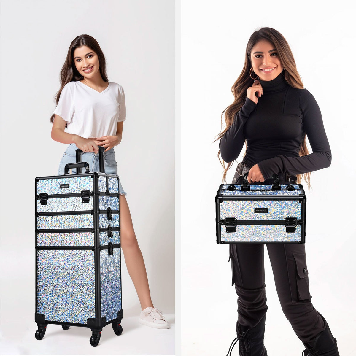 4-in-1 Rolling Makeup Train Case with Mermaidsilver Design - Cosmetic Organizer