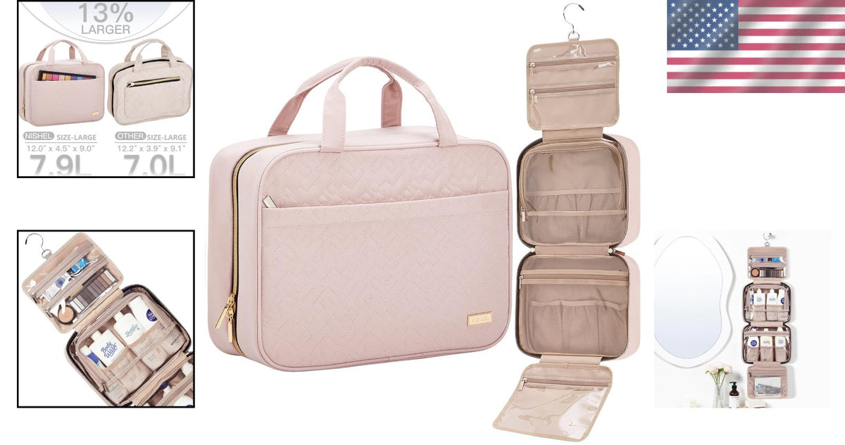 Travel Organizer Bag with Compartments for Toiletries and Makeup - Pink