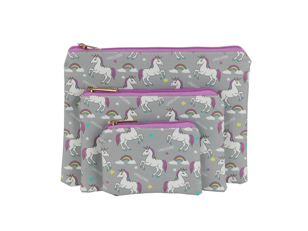 Unisex Rainbow Unicorn Vinyl Clutch & Makeup Pouch Set - 3 Pieces