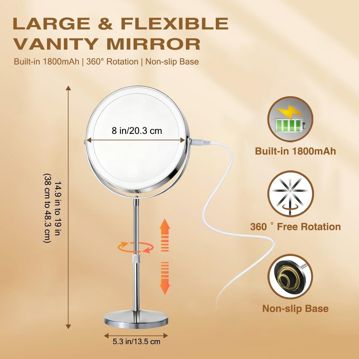 Makeup Mirror with Lights and 10X Magnification - Dimmable LED, Adjustable Height, 360° Rotation