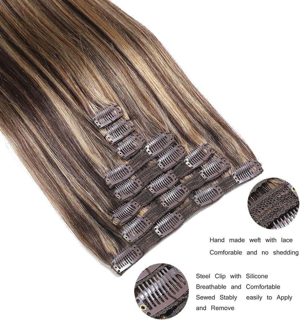 Remy Human Hair Extensions Clip-In Set – Medium Brown Mix Dark Blonde 26 Inch, 8 Pieces, Shedding-Free, Natural Look