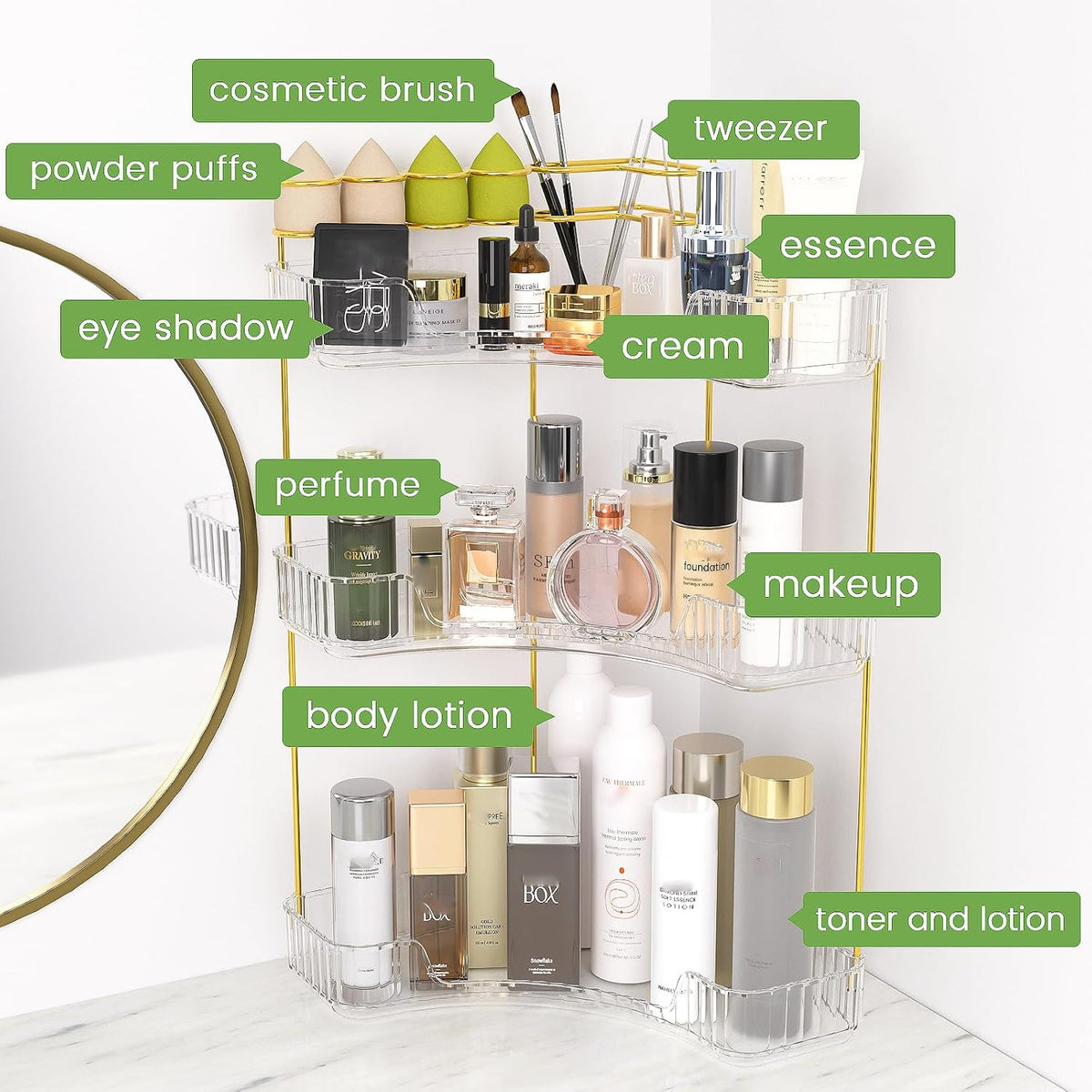 3 Tier Bathroom Makeup Organizer with Brush Holder, Corner Storage
