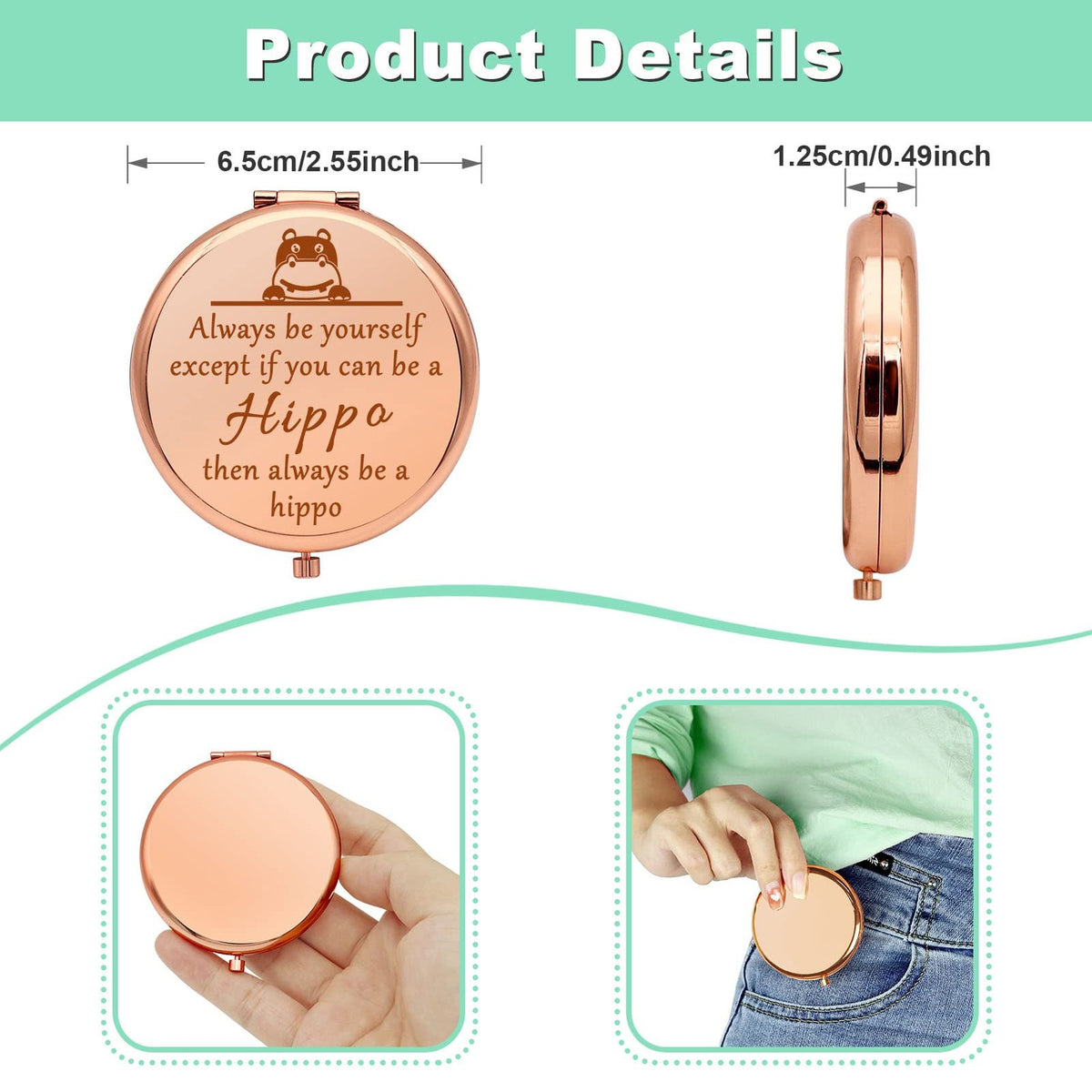 Hippo Theme Compact Makeup Mirror - Folding Travel Mirror for Women & Girls