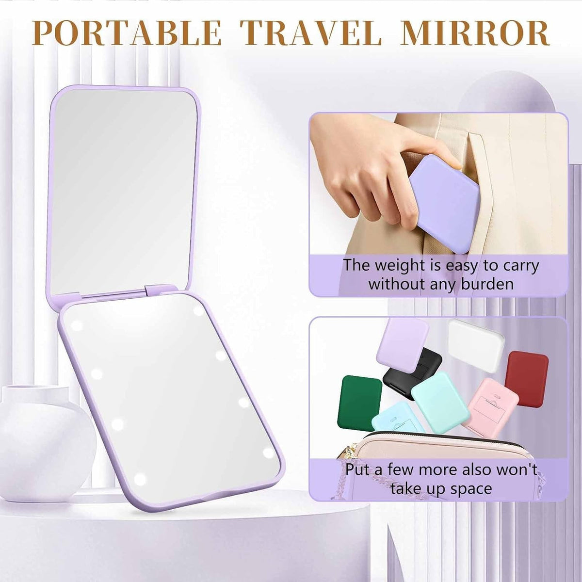 Portable LED Pocket Mirror with 1X/3X Magnification and Bright Lights