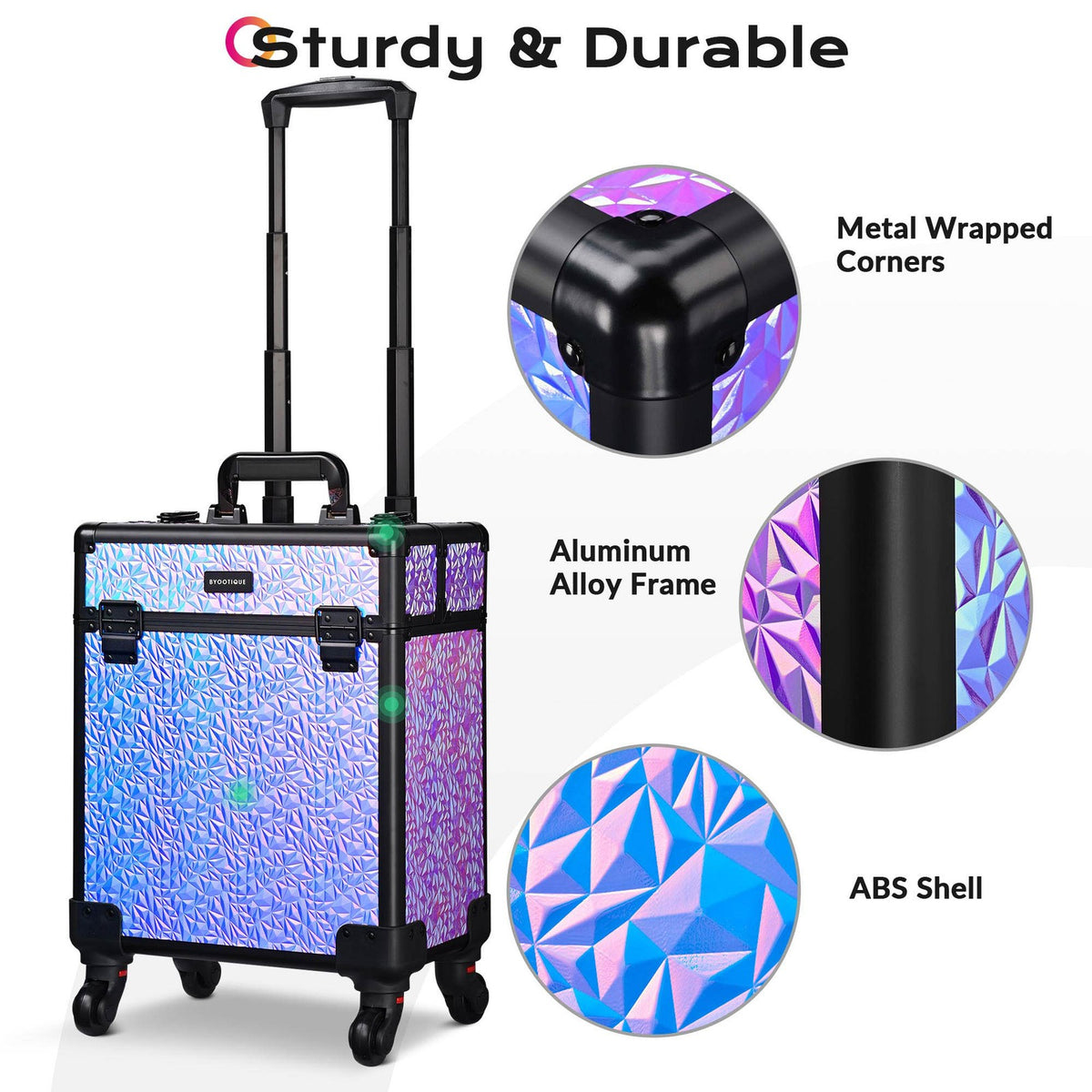 Rolling Makeup Train Case with Extendable Trays - Aluminum Cosmetic Organizer