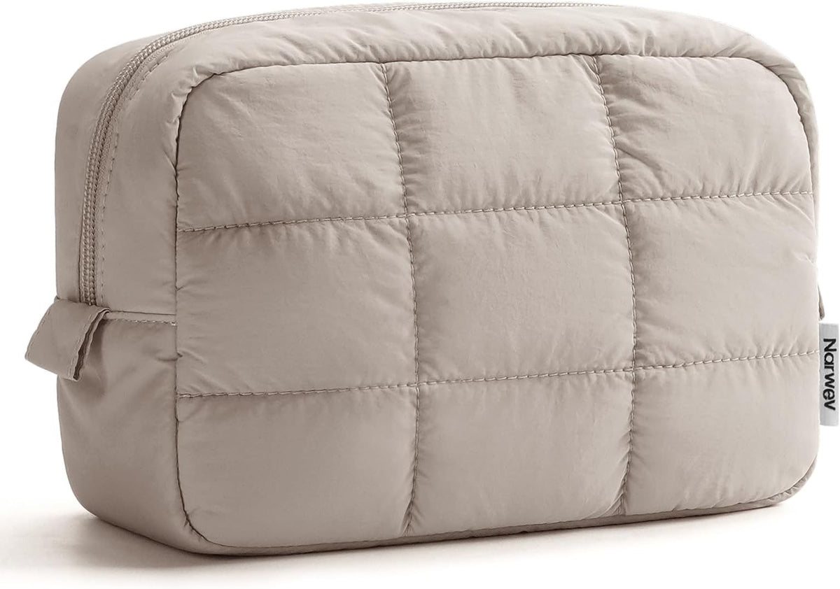 Quilted Makeup Bag for Women Travel Cosmetic Organizer Puffer Pouch Khaki