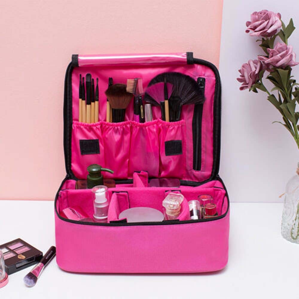 Pink Travel Makeup Bag with Handle Waterproof Organizer for Cosmetics