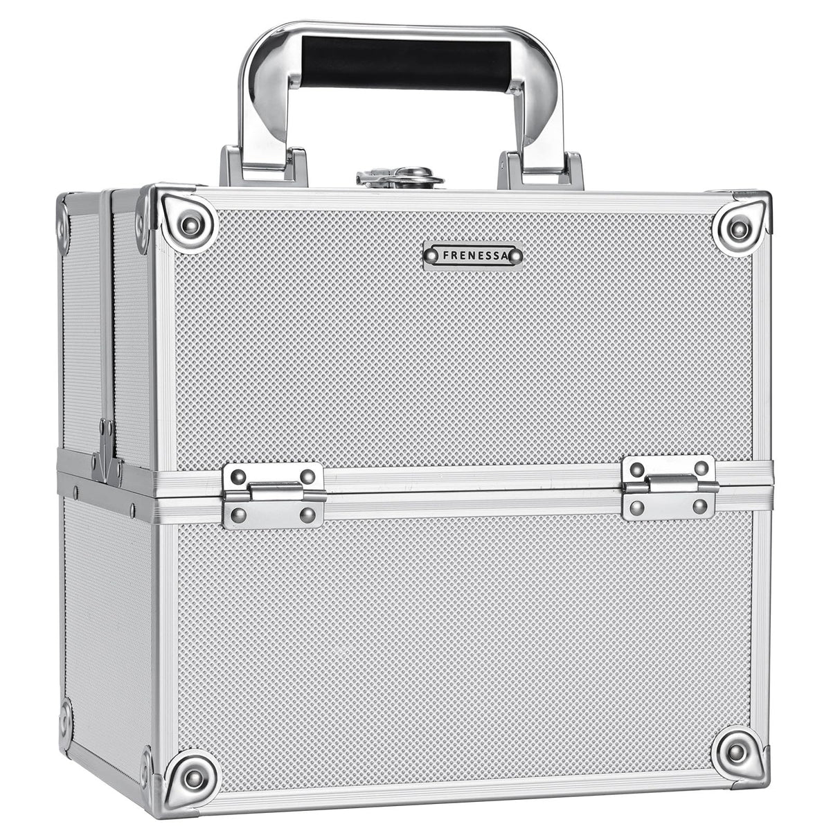 Portable Makeup Organizer Case with Lock, 4-Tier Trays, Silver Travel Storage