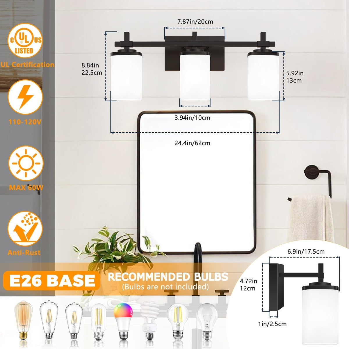 Modern Black Vanity Light Fixture with White Frosted Glass Shades - Bathroom Wall Mount, 3 Lights