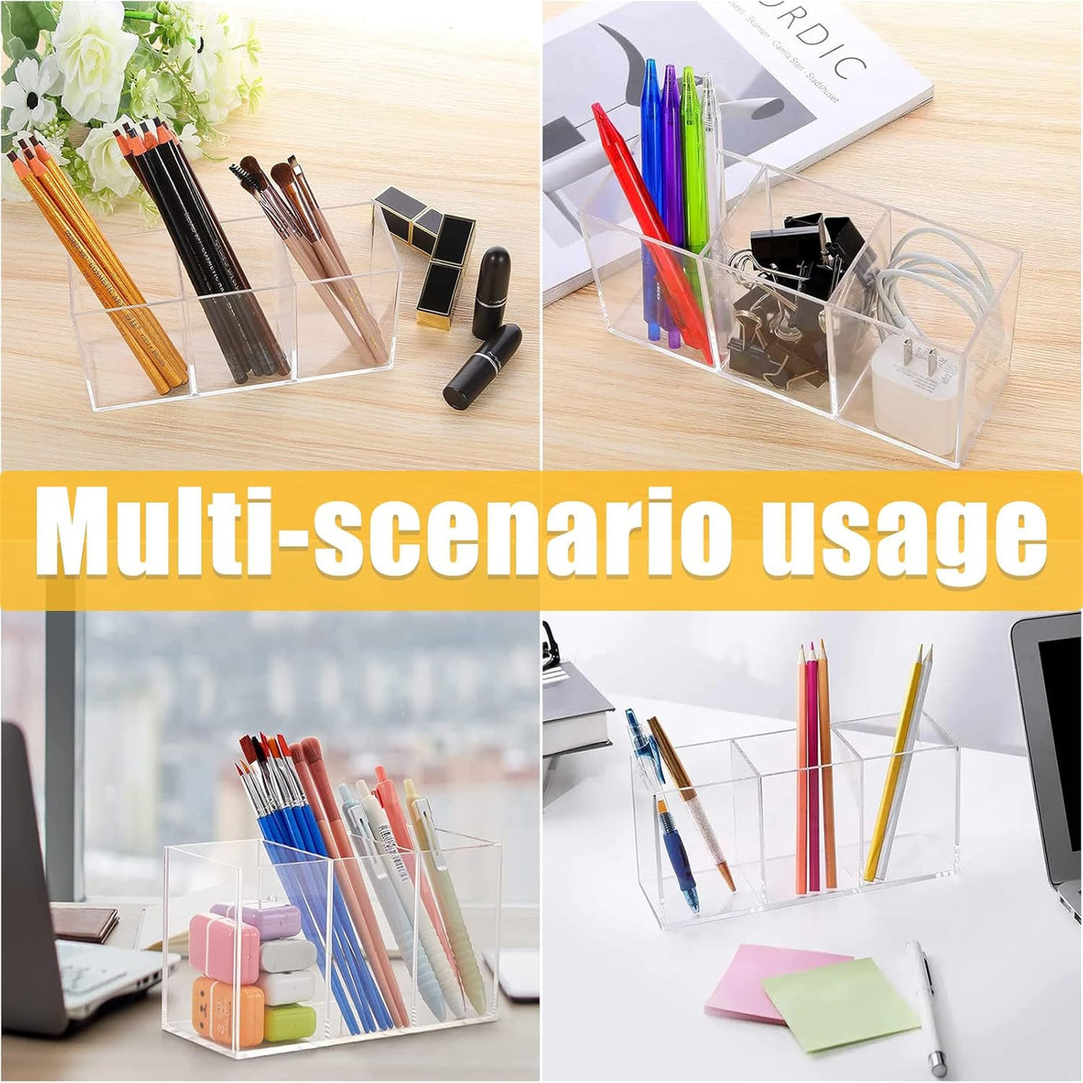 Acrylic Makeup Brush Organizer with 3 Slots - Clear Cosmetic Storage Holder
