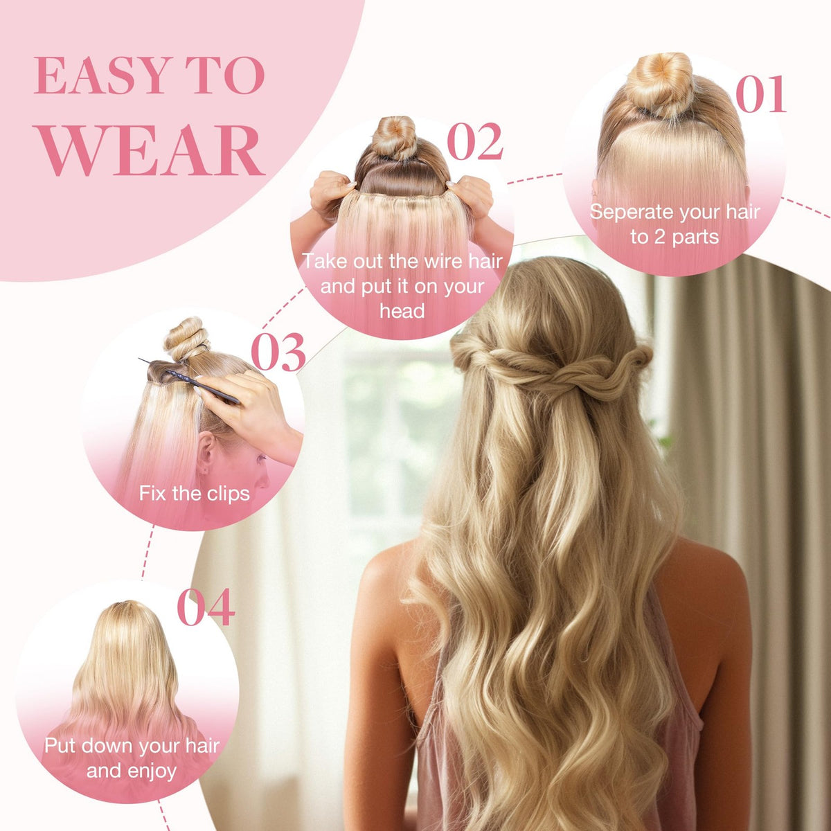 14 Inch Human Hair Extensions - Remy Silk Wire Hairpiece, Natural Color