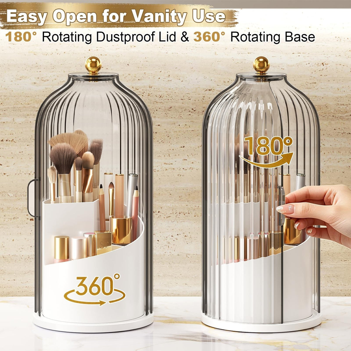 Dustproof 360° Rotation Covered Makeup Brush Holder with Sliding Lid - Clear