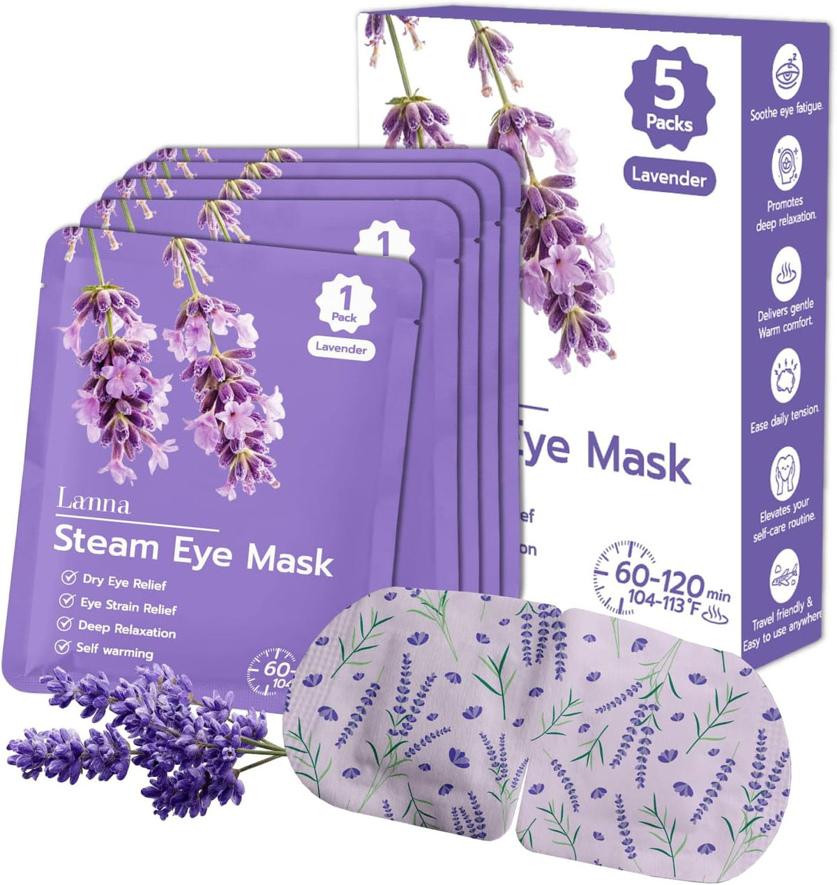 Heated Steam Eye Mask Lavender Scent Disposable 120 Minutes – Set of 5