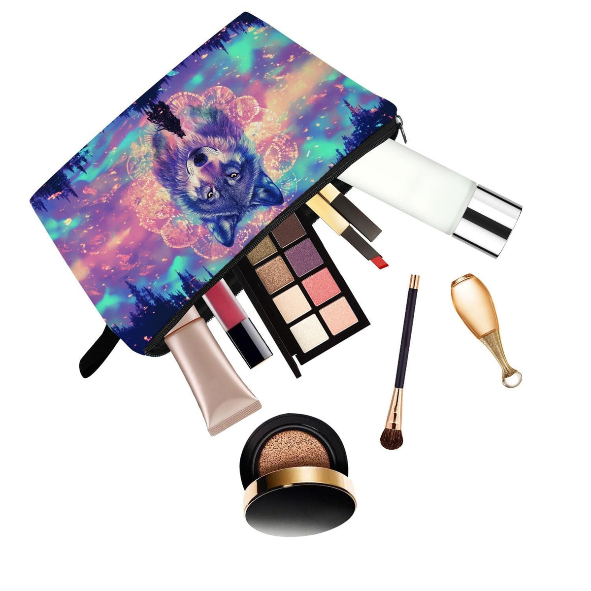 Cute Floral Wolf Makeup Bag Small Cosmetic Organizer with Zipper