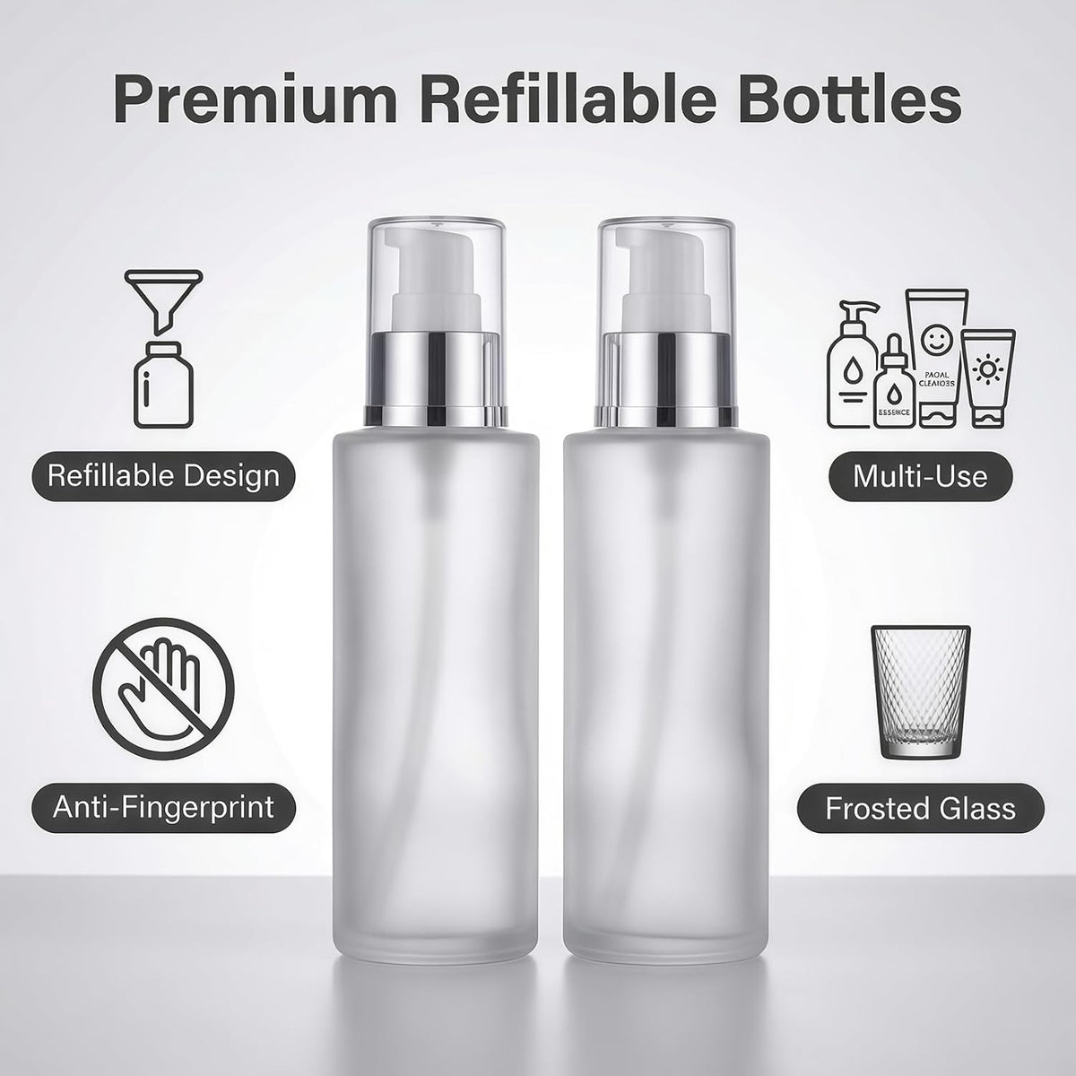 2PCS 100ml Glass Lotion Pump Bottles Travel Clear Refillable Leakproof