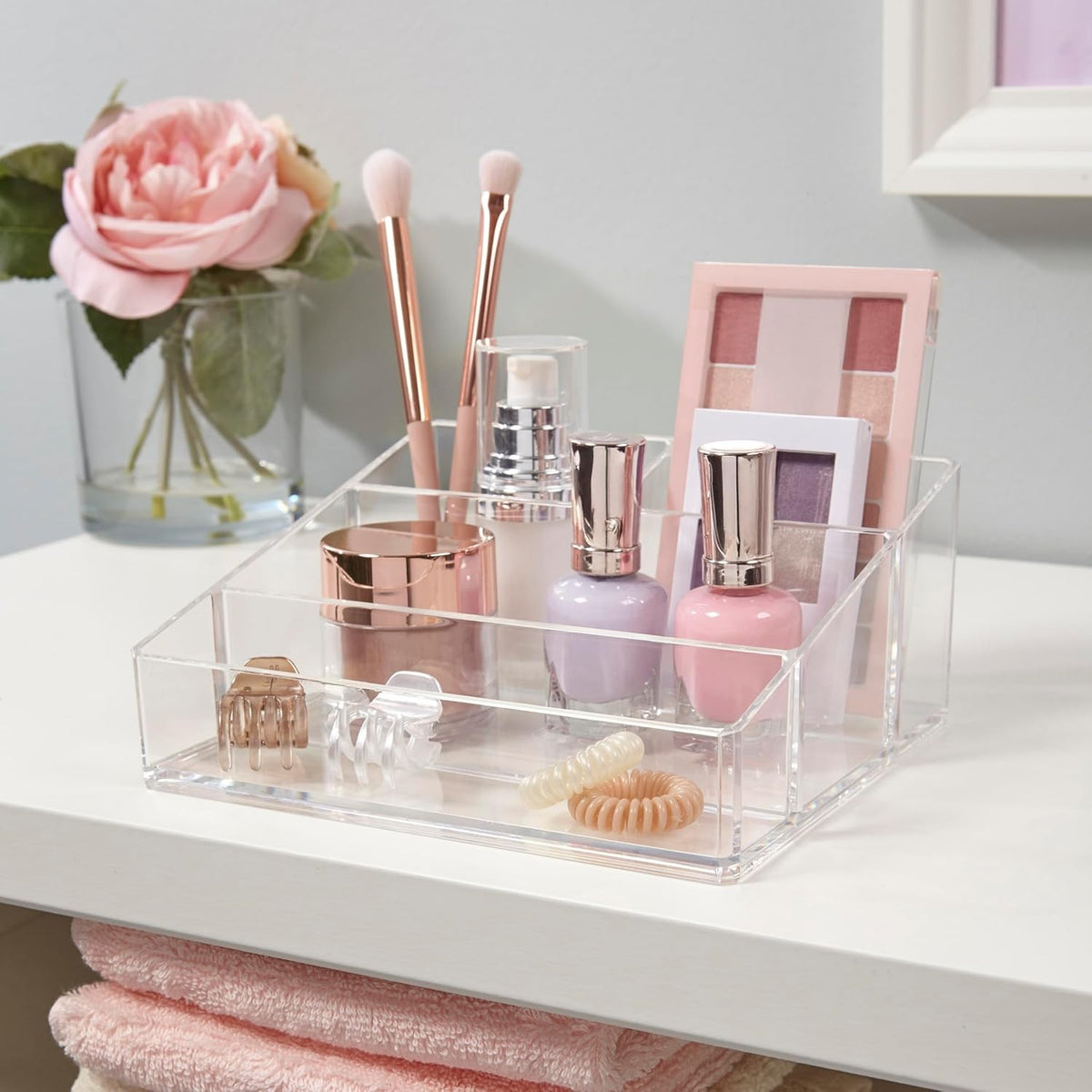 Clear Plastic Vanity Makeup Organizer with 4 Compartments - Compact Storage