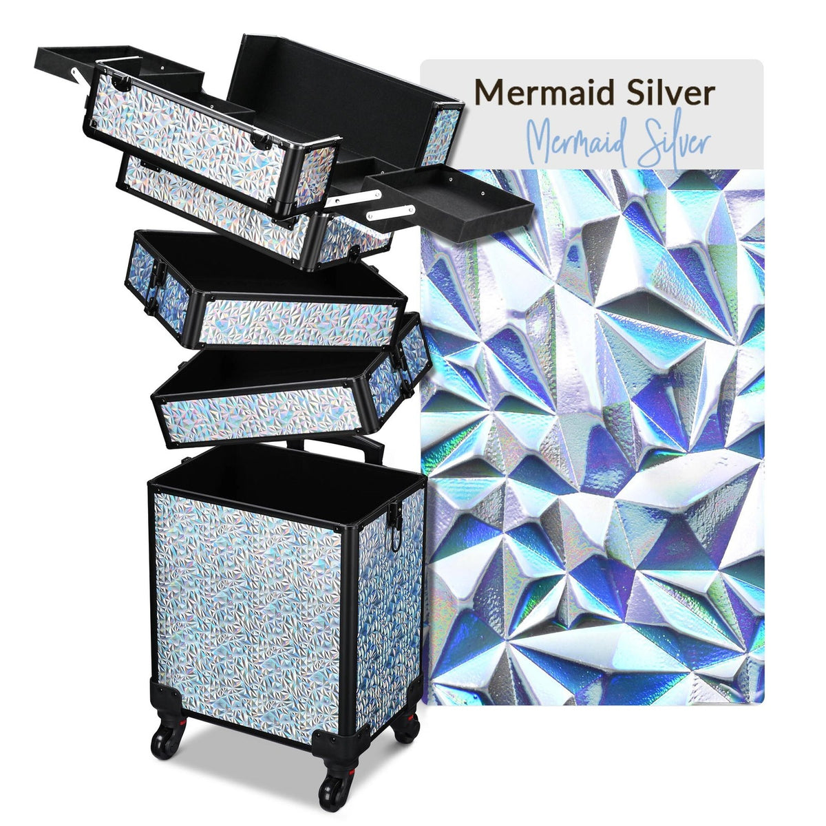 4-in-1 Rolling Makeup Train Case with Mermaidsilver Design - Cosmetic Organizer
