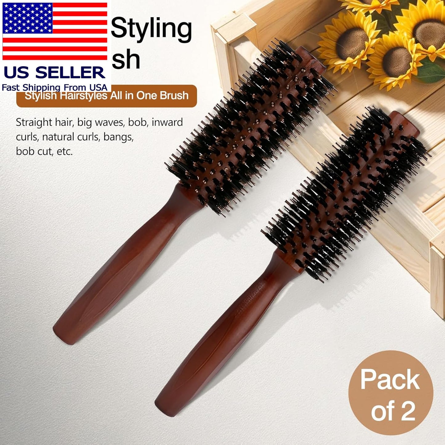 Round Boar Bristle Hair Brush with Wooden Handle for Styling & Detangling
