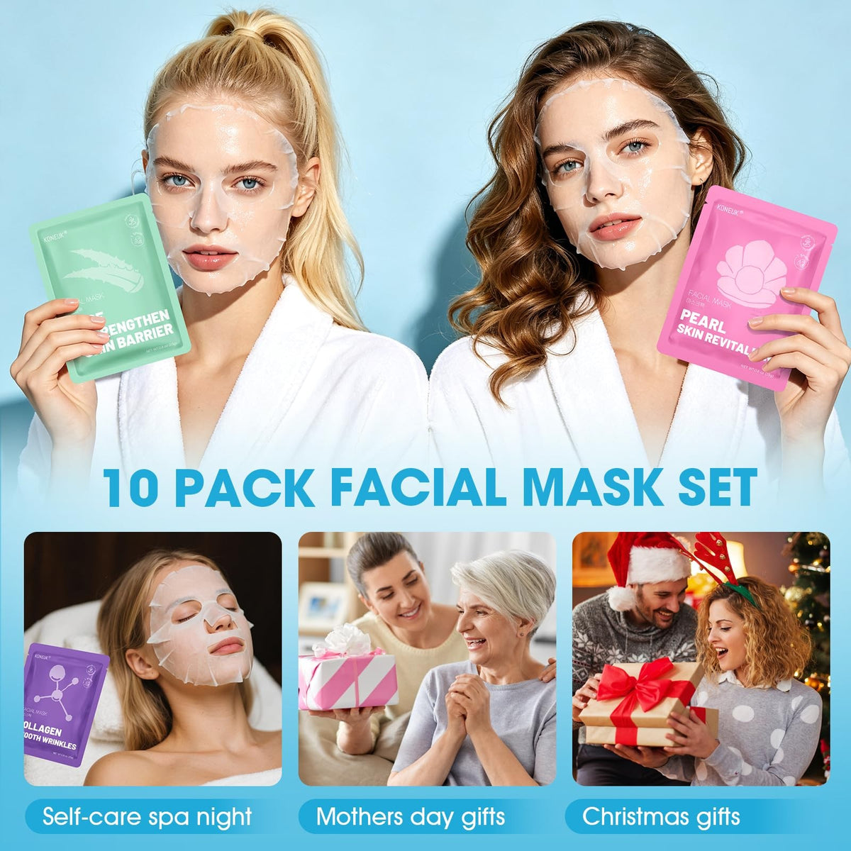 10-Pack Moisturizing Face Masks - Hydrating Skincare Set