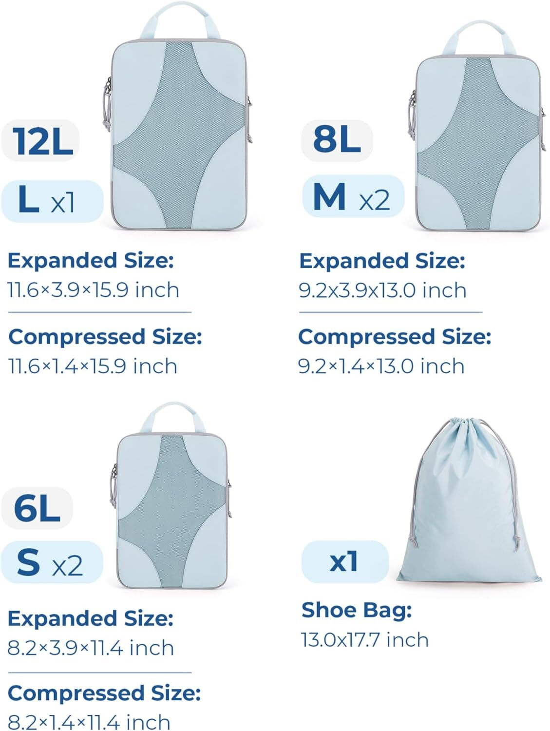 Light Blue Travel Packing Cubes 6-Piece Set for Luggage Organization