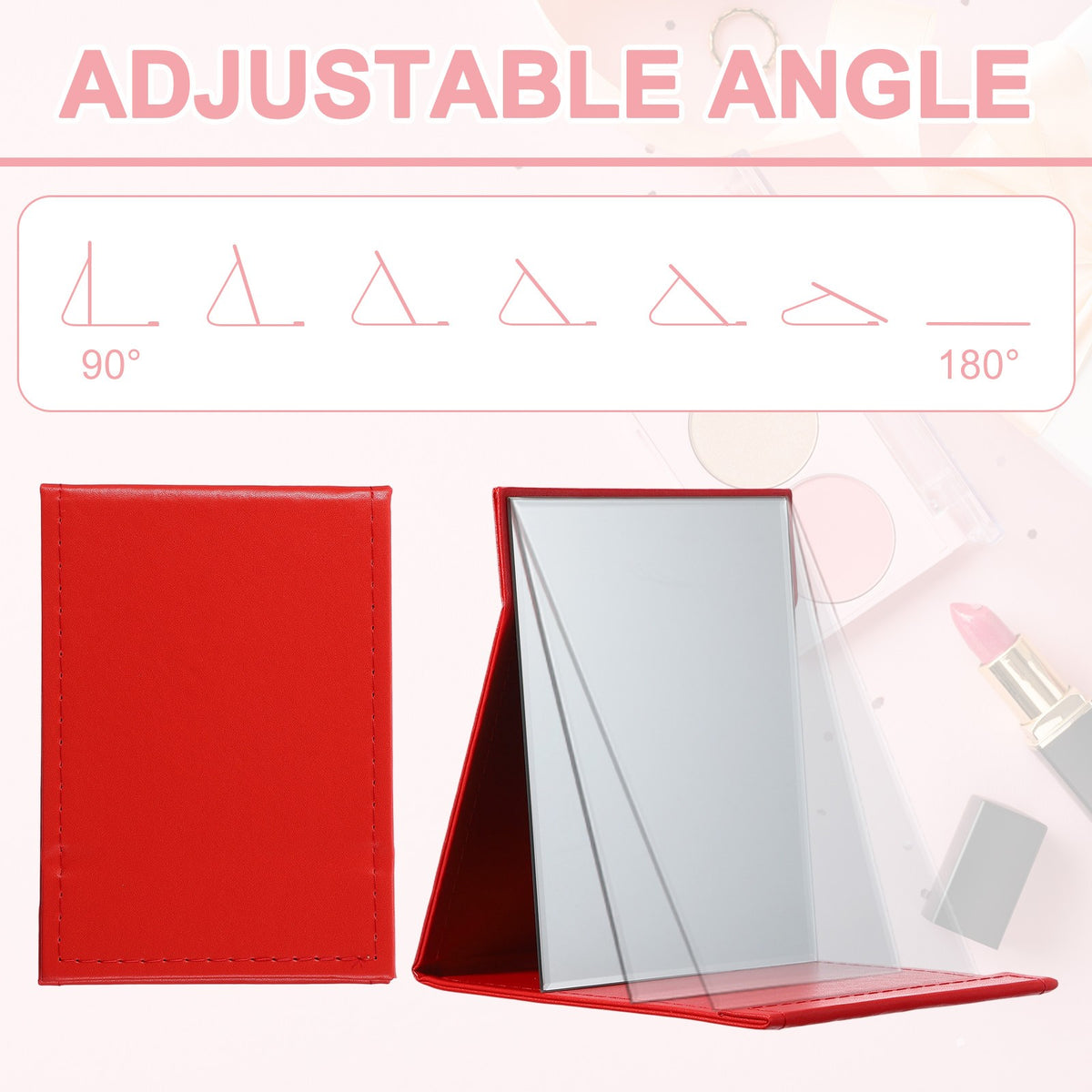 Portable Foldable Desk Mirror with Stand - 4.8x6.7 Inch Travel Makeup Mirror in Red