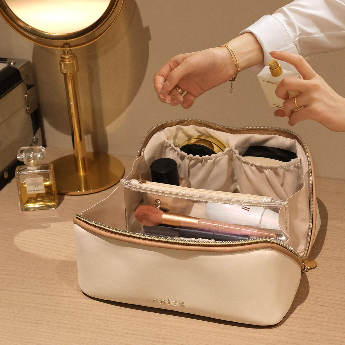 Waterproof Vegan Leather Makeup Bag for Women Travel Medium Beige
