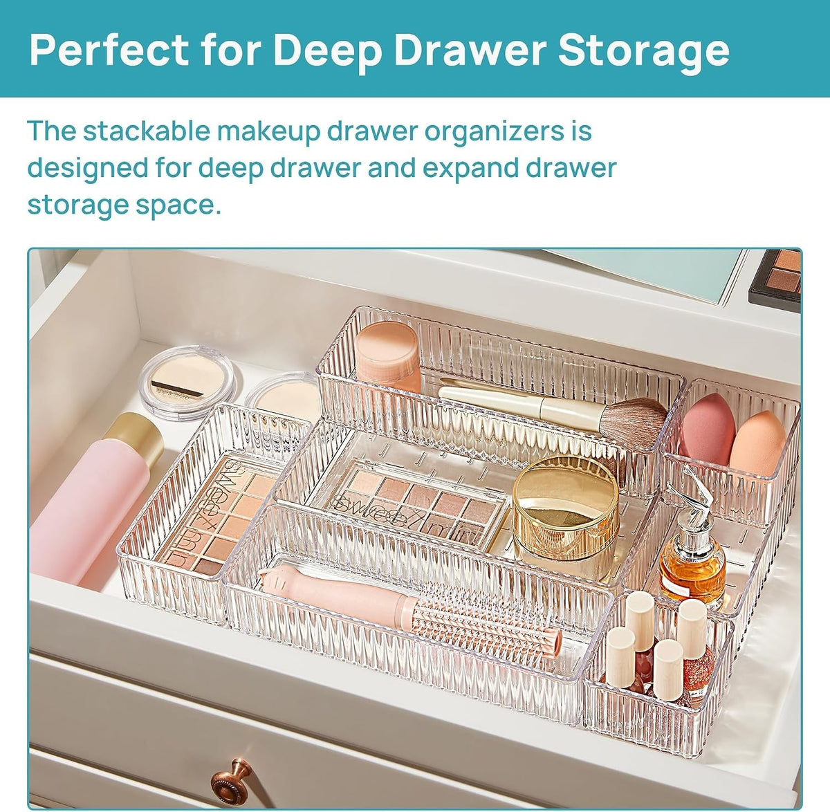 Clear Makeup Drawer Organizer Bins Set - 7 Pieces, 4 Sizes, Stackable Vanity Storage