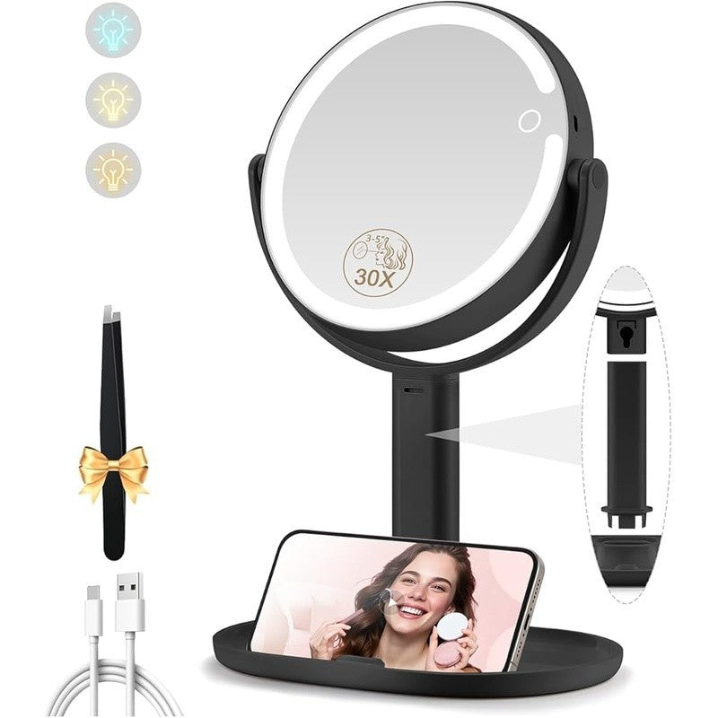 Lighted Makeup Mirror with 30X Magnification and Adjustable Brightness - 360° Rotation
