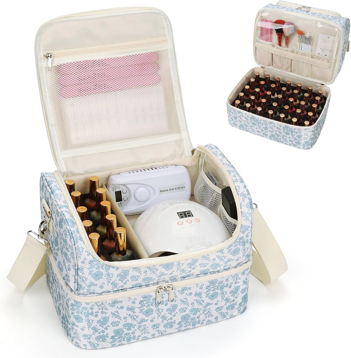Travel Nail Polish Organizer Case with 45 Bottle Capacity & Nail Lamp