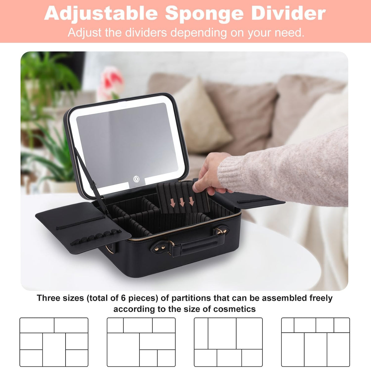 Travel Makeup Bag with LED Lighted Mirror, Waterproof Cosmetic Organizer