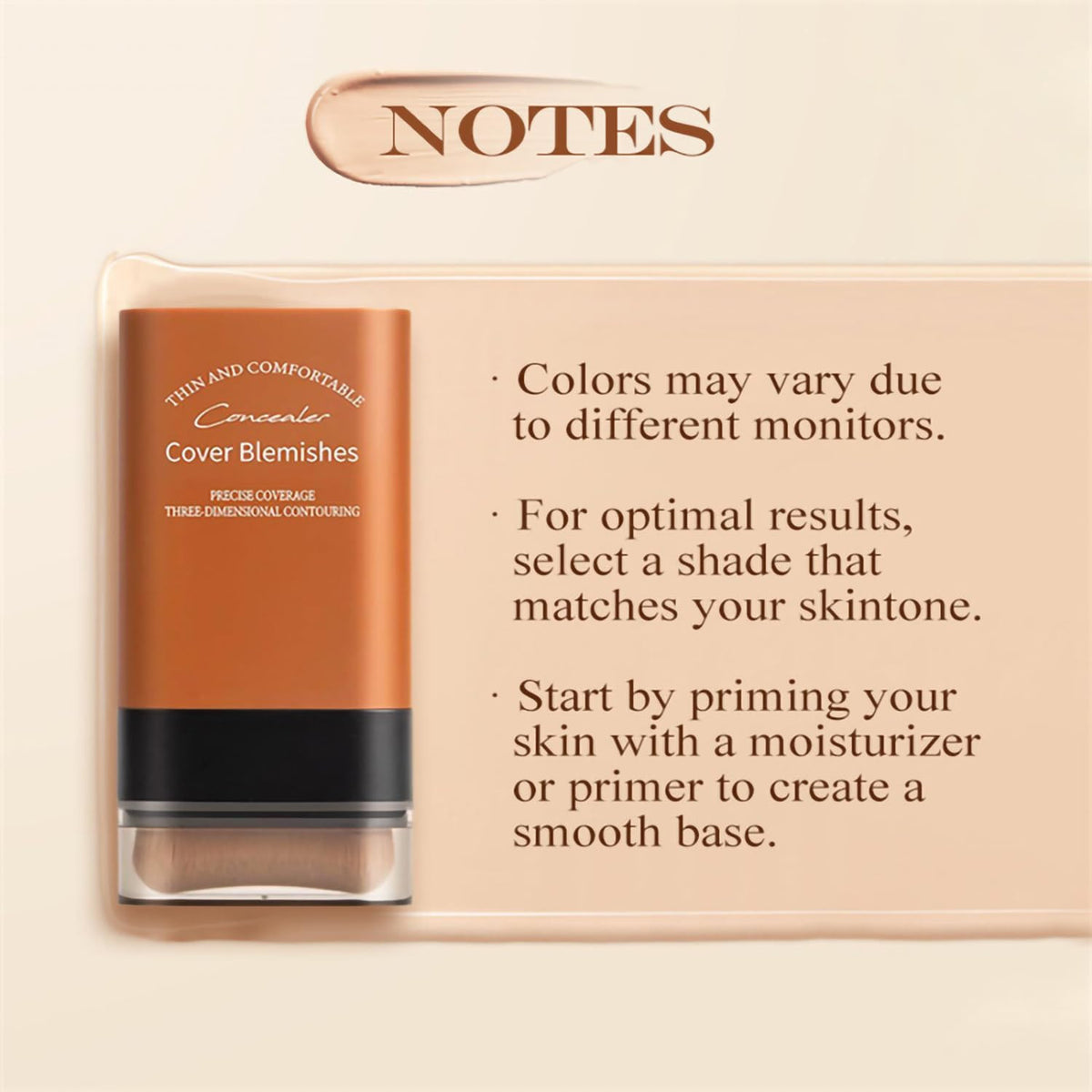 Hydrating Face Foundation Stick with Built-In Brush - Full Coverage, Lightweight, Waterproof, 0.7oz